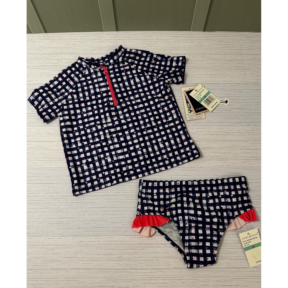 Andy & Evan Girls Navy Gingham Rash Guard Swimsuit Set UPF 50+ 5Y